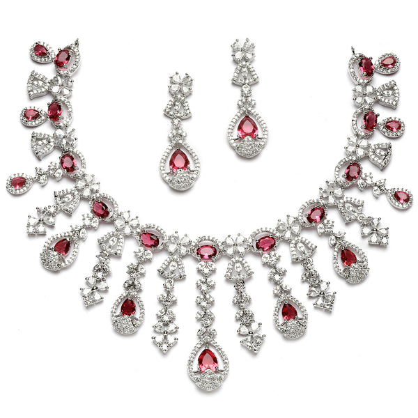 Rhodium-Plated Red American Diamond Studded Teardrop Tasselled Necklace & Earrings Jewellery Set
