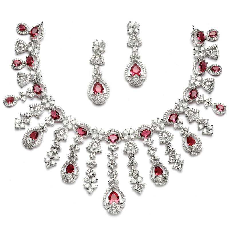 Rhodium-Plated Red American Diamond Studded Teardrop Tasselled Necklace & Earrings Jewellery Set