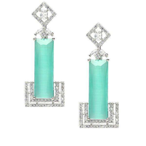 Rhodium-Plated Sea Green American Diamond studded Rectangular Shaped Drop Earrings