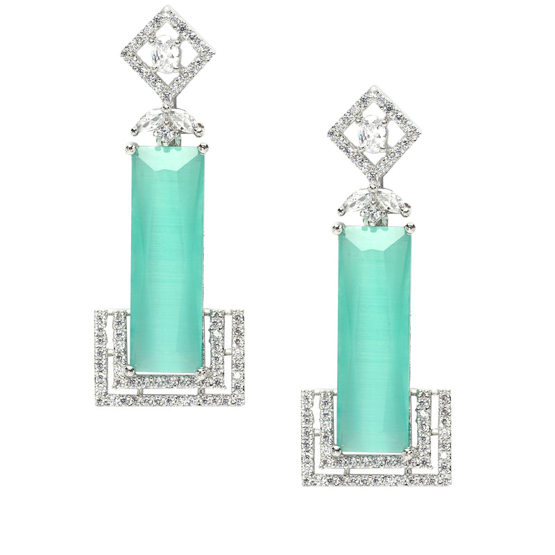 Rhodium-Plated Sea Green American Diamond studded Rectangular Shaped Drop Earrings