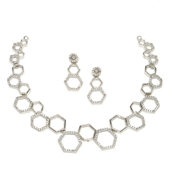 Rhodium-Plated White American Diamond Studded Hexagon Shaped Necklace with Earrings Jewellery Set