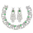 Rhodium-Plated Green & White American Diamonds Studded Squarish Shaped Necklace & Earrings Jewellery Set