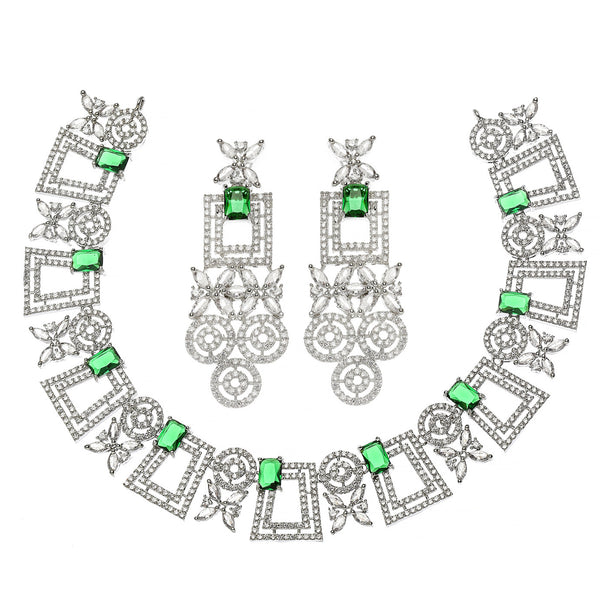 Rhodium-Plated Green & White American Diamonds Studded Squarish Shaped Necklace & Earrings Jewellery Set