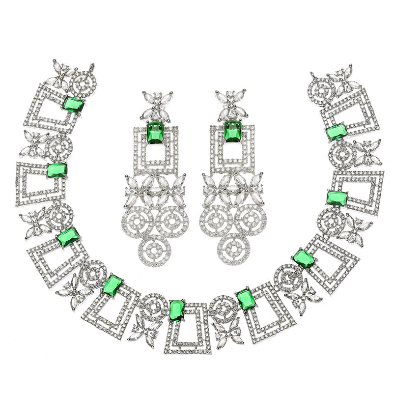 Rhodium-Plated Green & White American Diamonds Studded Squarish Shaped Necklace & Earrings Jewellery Set