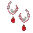 Rhodium-Plated Red American Diamond studded Peacock & Feather Shaped Drop Earrings