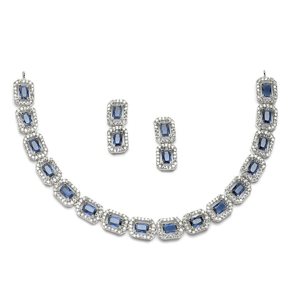 Rhodium-Plated Navy Blue American Diamonds Studded Quadrate Shaped Necklace & Earrings Jewellery Set