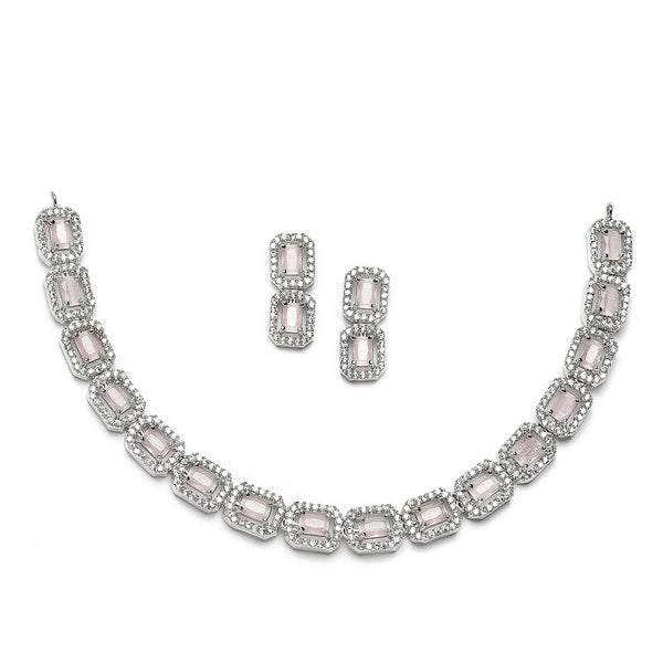 Rhodium-Plated Pink American Diamonds Studded Quadrate Shaped Necklace & Earrings Jewellery Set