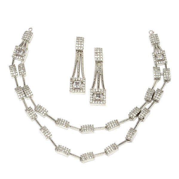Rhodium-Plated White American Diamond Studded Charismatic Necklace with Earrings Jewellery Set
