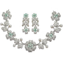Rhodium-Plated Sea Green Cubic Zirconia Studded Floral Theme Necklace & Earrings Jewellery Set