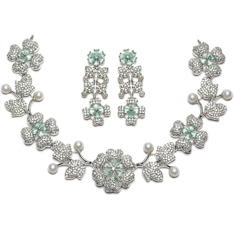 Rhodium-Plated Sea Green Cubic Zirconia Studded Floral Theme Necklace & Earrings Jewellery Set