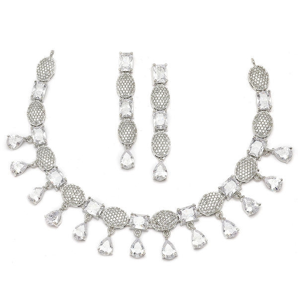 Rhodium-Plated White American Diamond Studded Intriguing Necklace & Earrings Jewellery Set