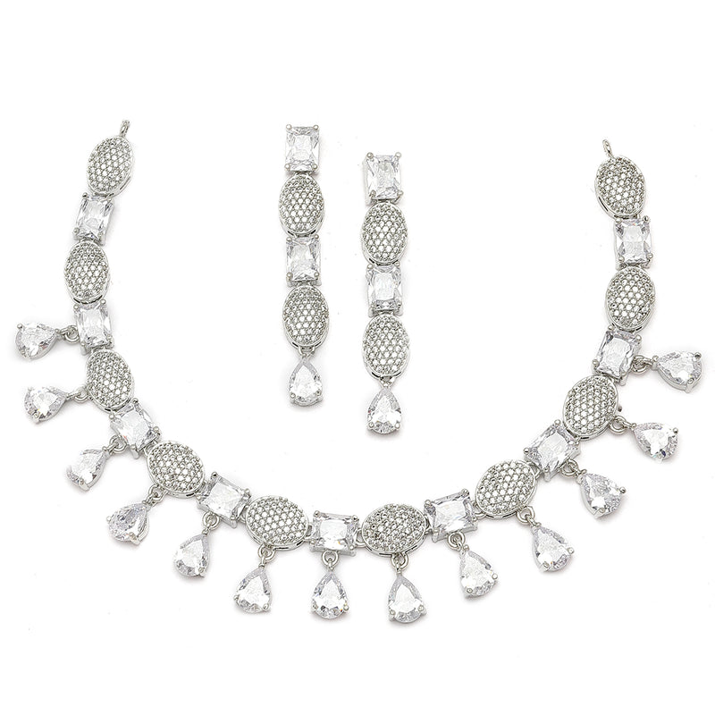 Rhodium-Plated White American Diamond Studded Intriguing Necklace & Earrings Jewellery Set