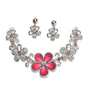 Rhodium-Plated Red American Diamonds Studded Floweret Necklace & Earrings Jewellery Set