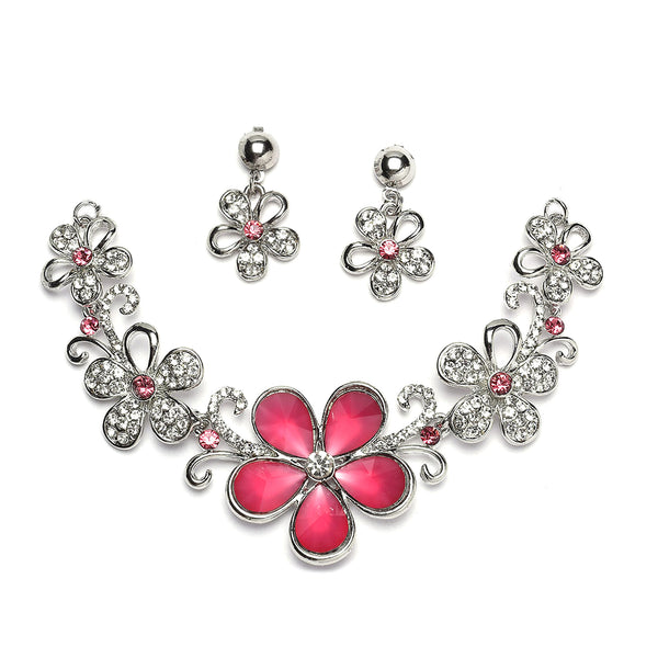Rhodium-Plated Red American Diamonds Studded Floweret Necklace & Earrings Jewellery Set