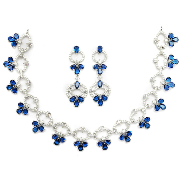 Rhodium-Plated Navy Blue Oval American Diamond Studded Circular Shaped Necklace & Earrings Jewellery Set