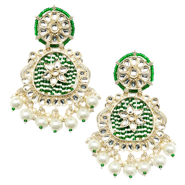 Gold-Plated Green Beads White Pearls & Kundan studded Handcrafted Peacock Shaped Drop Earrings