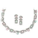 Rhodium-Plated Pink & Sea Green American Diamonds Studded Boxy Necklace & Earrings