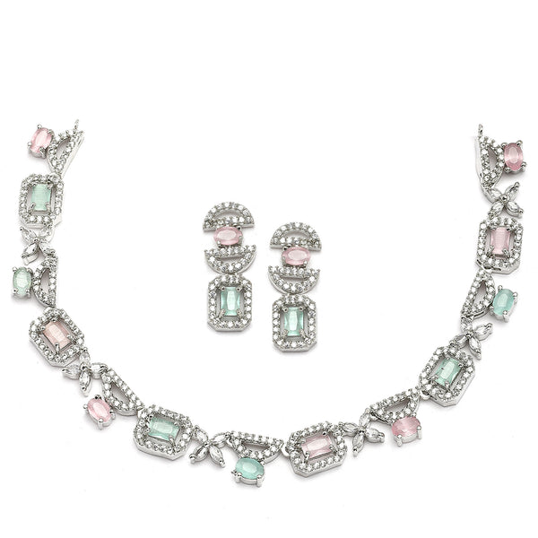 Rhodium-Plated Pink & Sea Green American Diamonds Studded Boxy Necklace & Earrings