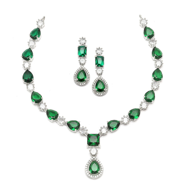 Rhodium-Plated Green American Diamond Studded Fashionable Necklace & Earrings Jewellery Set