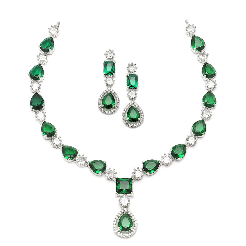 Rhodium-Plated Green American Diamond Studded Fashionable Necklace & Earrings Jewellery Set