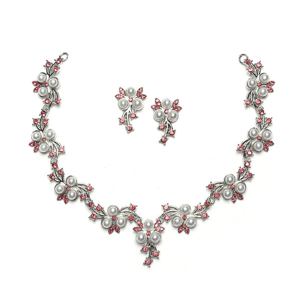 Silver-Plated Pink Cubic Zirconia & White Pearls Studded Jewellery Set