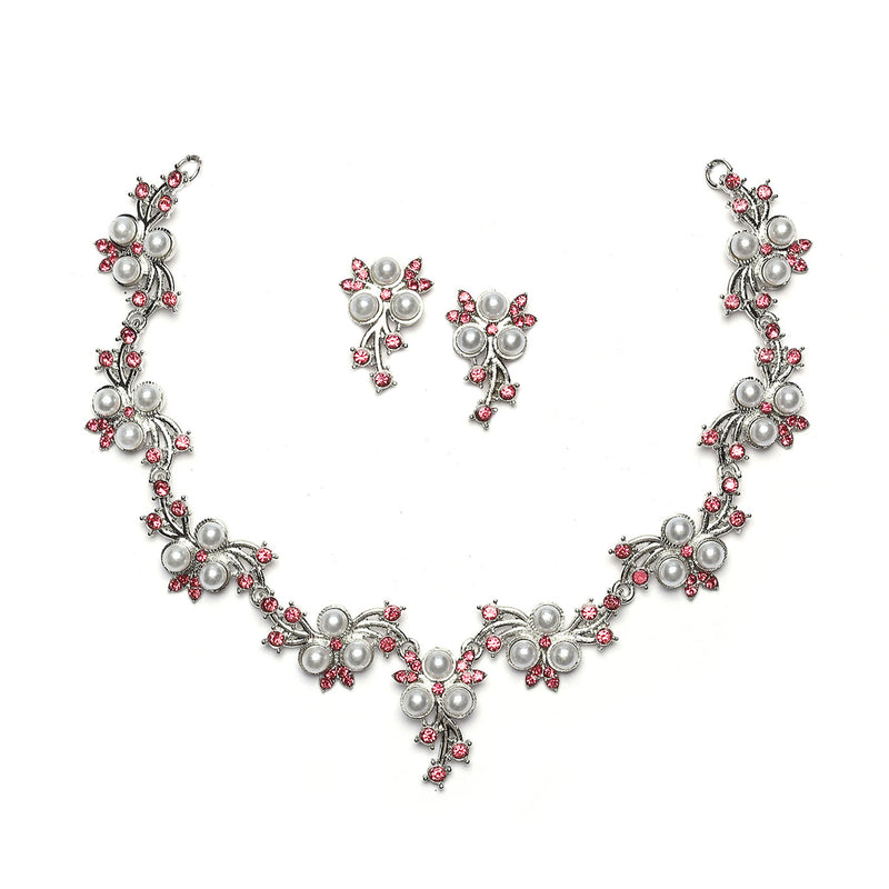 Silver-Plated Pink Cubic Zirconia & White Pearls Studded Jewellery Set