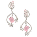 Rhodium-Plated Pink American Diamond studded Square & Leaf Shaped Drop Earrings