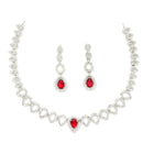 Rhodium-Plated Red American Diamonds Studded Spheroid Necklace & Earrings Jewellery Set