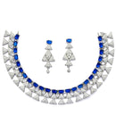 Rhodium-Plated Navy Blue American Diamond Studded Triangular Design Necklace & Earrings Jewellery Set