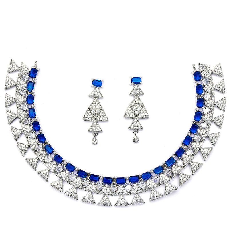 Rhodium-Plated Navy Blue American Diamond Studded Triangular Design Necklace & Earrings Jewellery Set