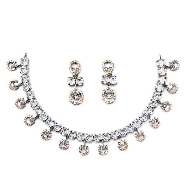 Rose Gold-Plated Gunmetal Toned White American Diamonds Studded Contemporary Necklace & Earrings Jewellery Set