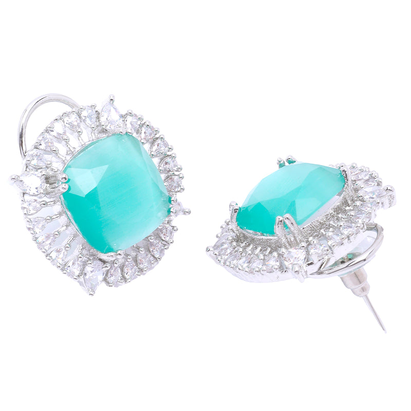 Rhodium-Plated Sea Green & White American Diamond studded Contemporary Round Stud Earrings