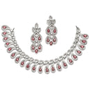 Rhodium-Plated Red American Diamond Studded Paisley Shaped Necklace & Earrings Jewellery Set