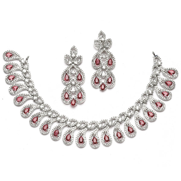 Rhodium-Plated Red American Diamond Studded Paisley Shaped Necklace & Earrings Jewellery Set
