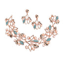 Rose Gold-Plated Blue Cubic Zirconia & White Pearls Studded Leaf Shaped Necklace with Earrings