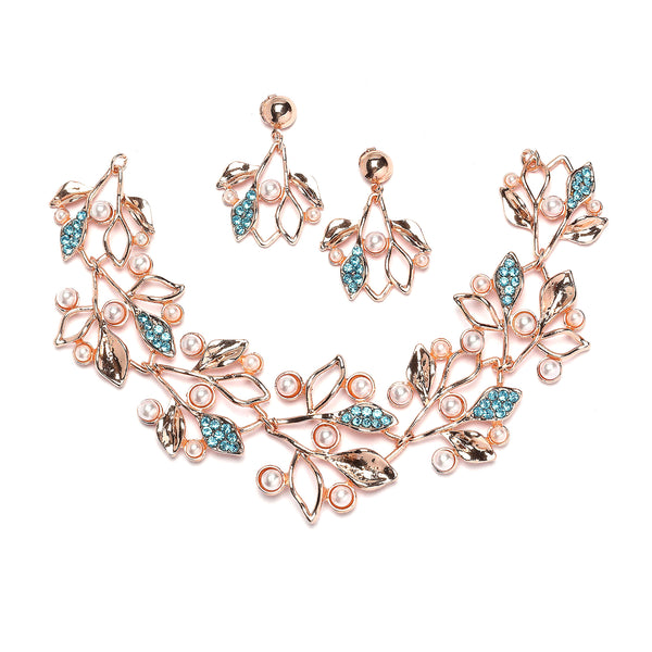 Rose Gold-Plated Blue Cubic Zirconia & White Pearls Studded Leaf Shaped Necklace with Earrings