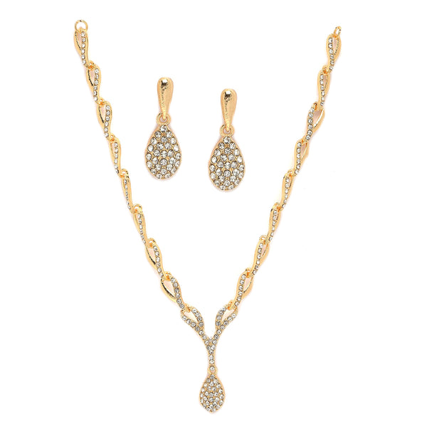 Gold-Plated White Cubic Zirconia Studded Teardrop Shaped Necklace with Earrings Jewellery Set