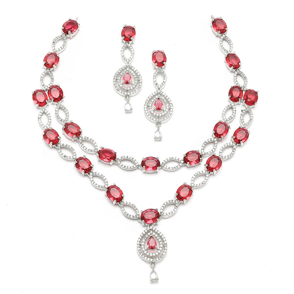 Rhodium-Plated Red American Diamond Studded Abstract Necklace & Earrings Jewellery Set