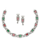 Rhodium-Plated Red & Green American Diamonds Studded Cubical Necklace & Earrings Jewellery Set