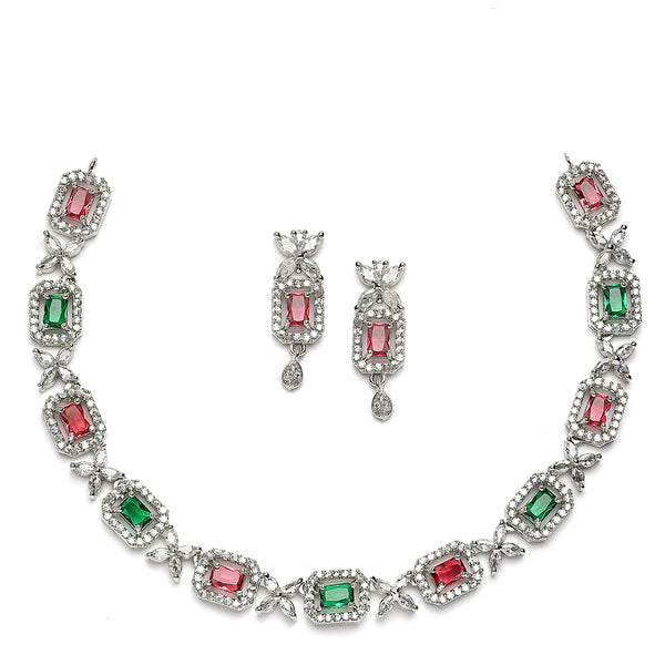 Rhodium-Plated Red & Green American Diamonds Studded Cubical Necklace & Earrings Jewellery Set