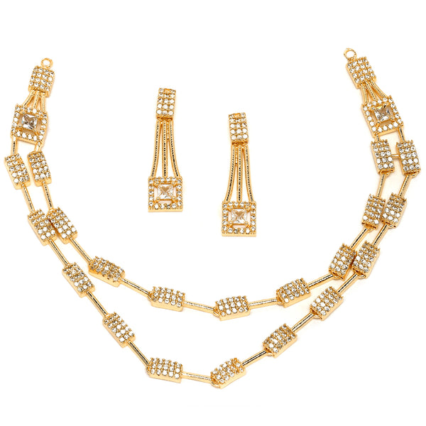Gold-Plated White American Diamond Studded Charismatic Necklace with Earrings Jewellery Set