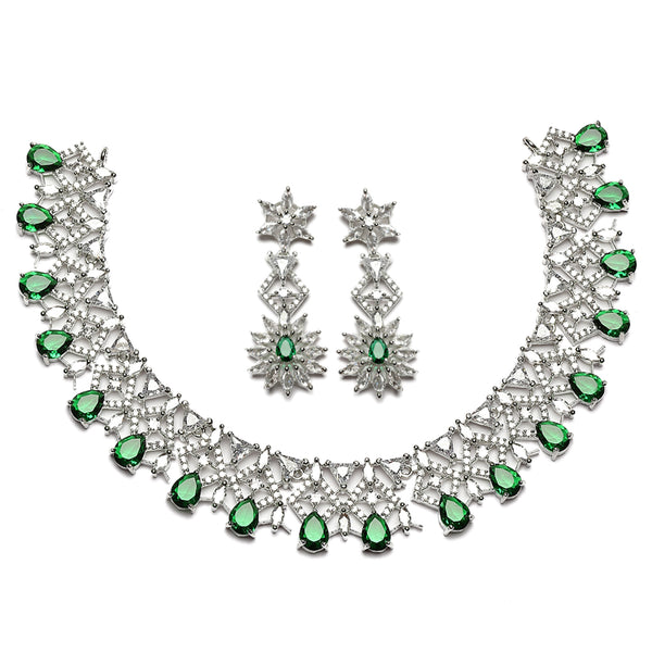 Rhodium-Plated Green & White Dribble Shape American Diamonds Studded Necklace & Earrings Jewellery Set