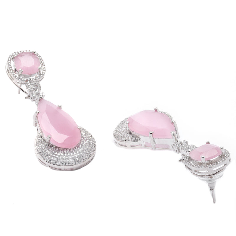 Rhodium-Plated Pink & White American Diamond studded Teardrop Drop Earrings