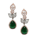 Rose Gold-Plated Gunmetal Toned Green American Diamond studded Teardrop & Leaf Shaped Drop Earrings