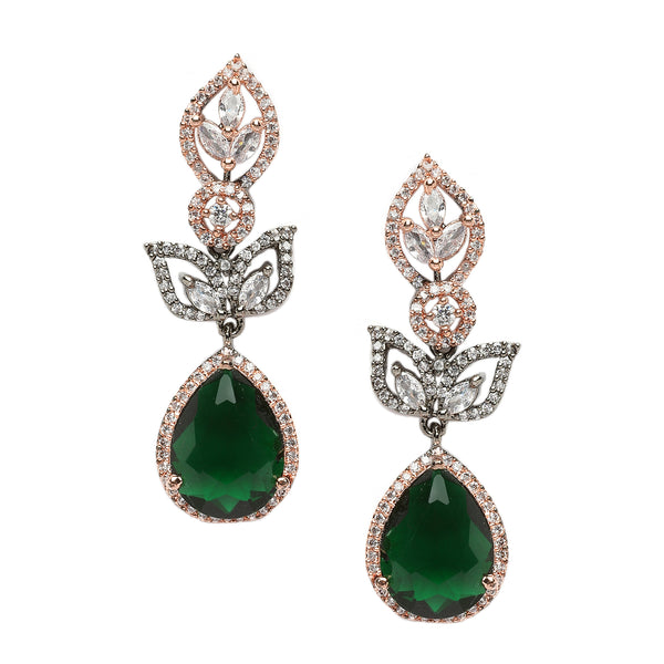 Rose Gold-Plated Gunmetal Toned Green American Diamond studded Teardrop & Leaf Shaped Drop Earrings
