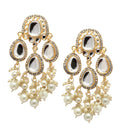 Gold-Plated Kundan & White Pearls studded Teardrop Shaped Mirror Drop Earrings