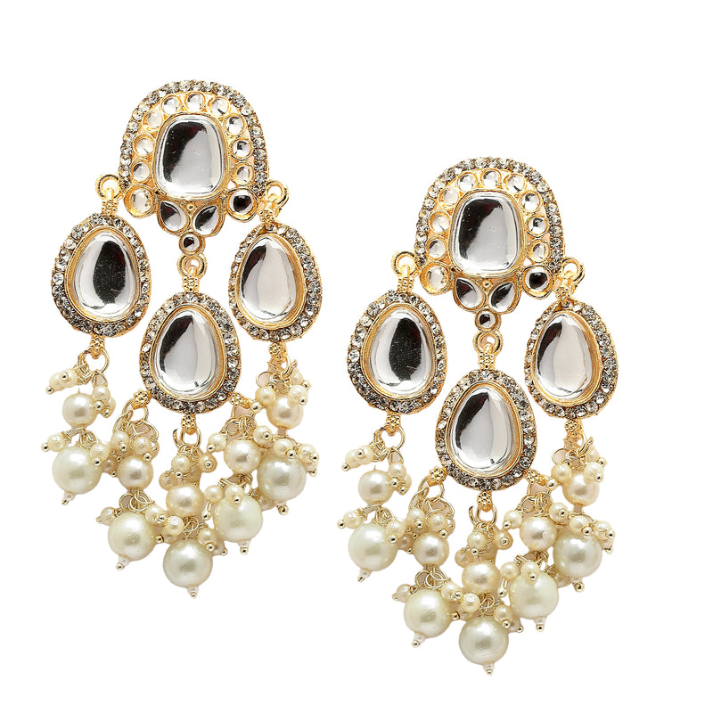 Gold-Plated Kundan & White Pearls studded Teardrop Shaped Mirror Drop Earrings