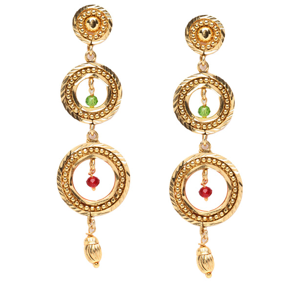 Gold-Plated Red & Green Cubic Zirconia studded Circular Shaped Drop Earrings