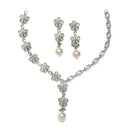 Rhodium-Plated Sea Green American Diamond & White Pearl Studded Floral Necklace & Earrings