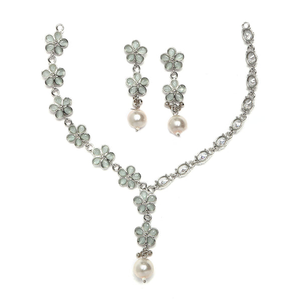 Rhodium-Plated Sea Green American Diamond & White Pearl Studded Floral Necklace & Earrings
